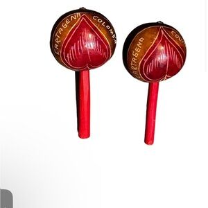 VINTAGE Maracas artisan wood from Cartagena Columbia collectible costume red EUC